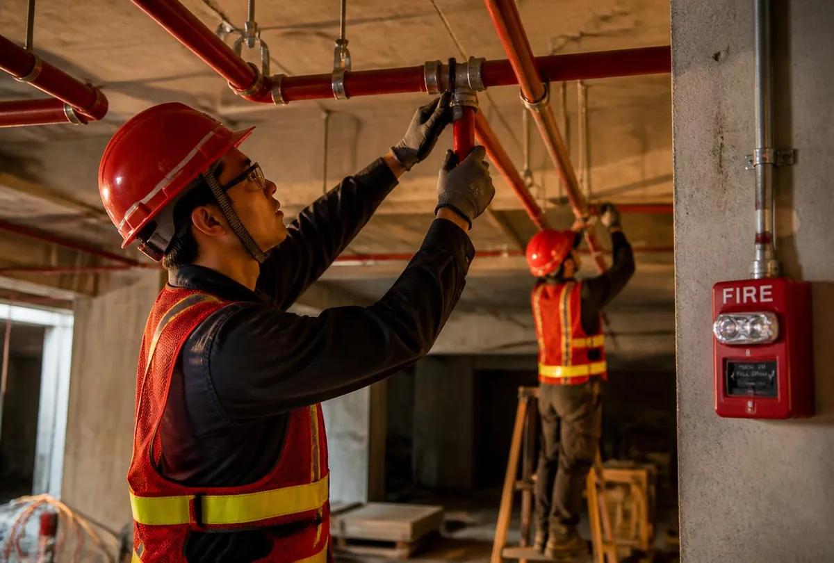 Đội thi công PCCCVINA lắp đặt đường ống chữa cháy và thiết bị báo cháy tại công trình