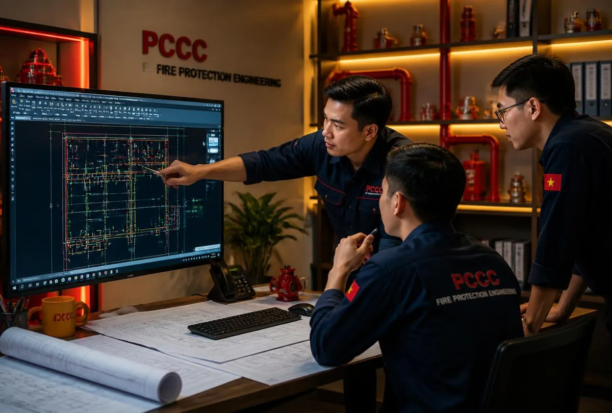 Kỹ sư PCCCVINA tư vấn thiết kế hệ thống phòng cháy chữa cháy trên bản vẽ CAD